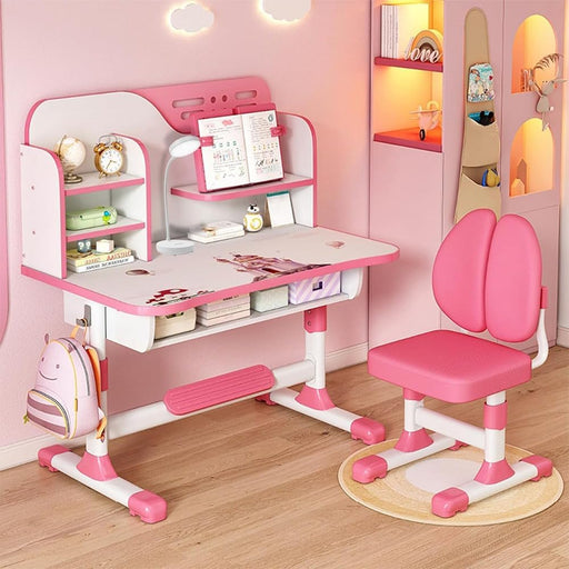 Adjustable Kids Study Learning Desk and Chair Set Ergonomic Study Table with Bookshelf, Drawer Storage, Shelves, Table Lamp & Fun Stickers (Pink) - Pink