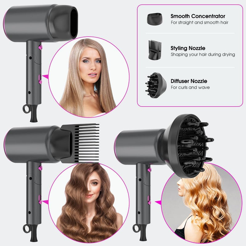 Oxsaytee 2400W Hair Blow Dryer with Diffuser, Foldable Mini Travel Hair Dryer, Ionic Hair Dryer With Storage Bag Bow Dryer for Curly Hair Fast Drying For Home Salon Travel (Black)
