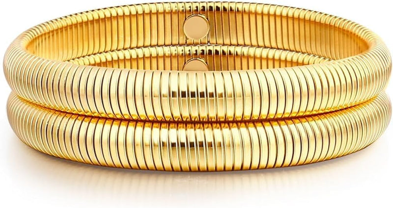 Gold Bangles for Women Chunky Stretch Bangles Bracelets Set 18K Gold Plated Stainless Steel Link Chain Bracelets Flexible Wide Wristband Bracelets Set of Jewelry for Women - 10mm gold x 2
