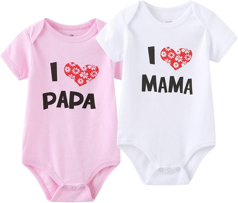 MAMIMAKA Unisex-Baby 2-pack Solid One-Piece Newborn Twins I Love Papa I Love Mama Bodysuits 0-24Months Boys and Girls