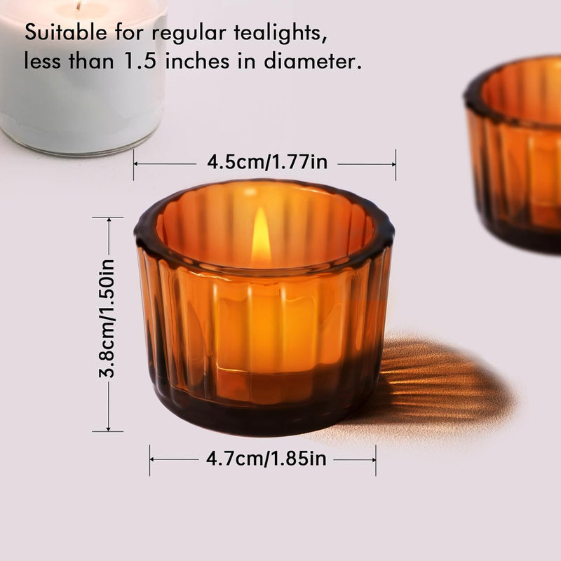 SKYLINK 12 Pack Amber Glass Votive Candle Holders, Thick Ribbed Glass Tealight Holders for Weddings, Home Décor, Parties, Spa, Table Centerpieces