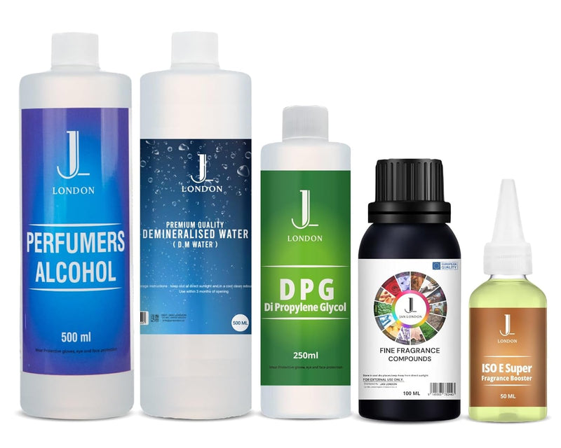 JAN LONDON 5-in-1 Perfume Starter Pack ??50ml Iso E Super, 250ml DPG, 100g Aventus-Inspired Perfume Oil, 500ml Perfumers Alcohol & 500ml Demineralized Water | Advanced DIY Perfumery Kit