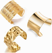 Gold Chunky Cuff Bracelets for Women, 3PCS Irregular Minimalist Statement Bangle Set, Open Wide Adjustable Arm Cuff Upper Arm Punk Jewelry, Chic Trendy for Daily Wear Party Offic