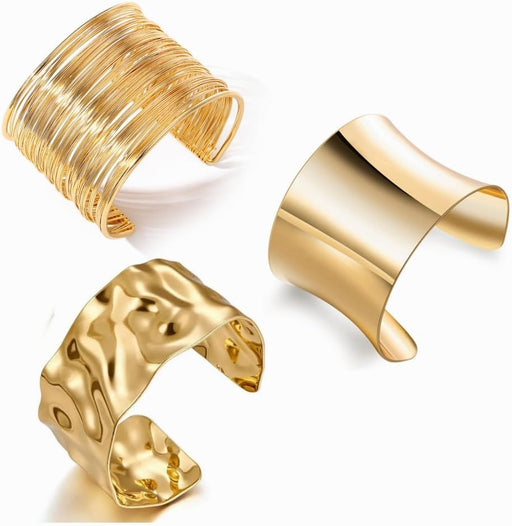 Gold Chunky Cuff Bracelets for Women, 3PCS Irregular Minimalist Statement Bangle Set, Open Wide Adjustable Arm Cuff Upper Arm Punk Jewelry, Chic Trendy for Daily Wear Party Offic