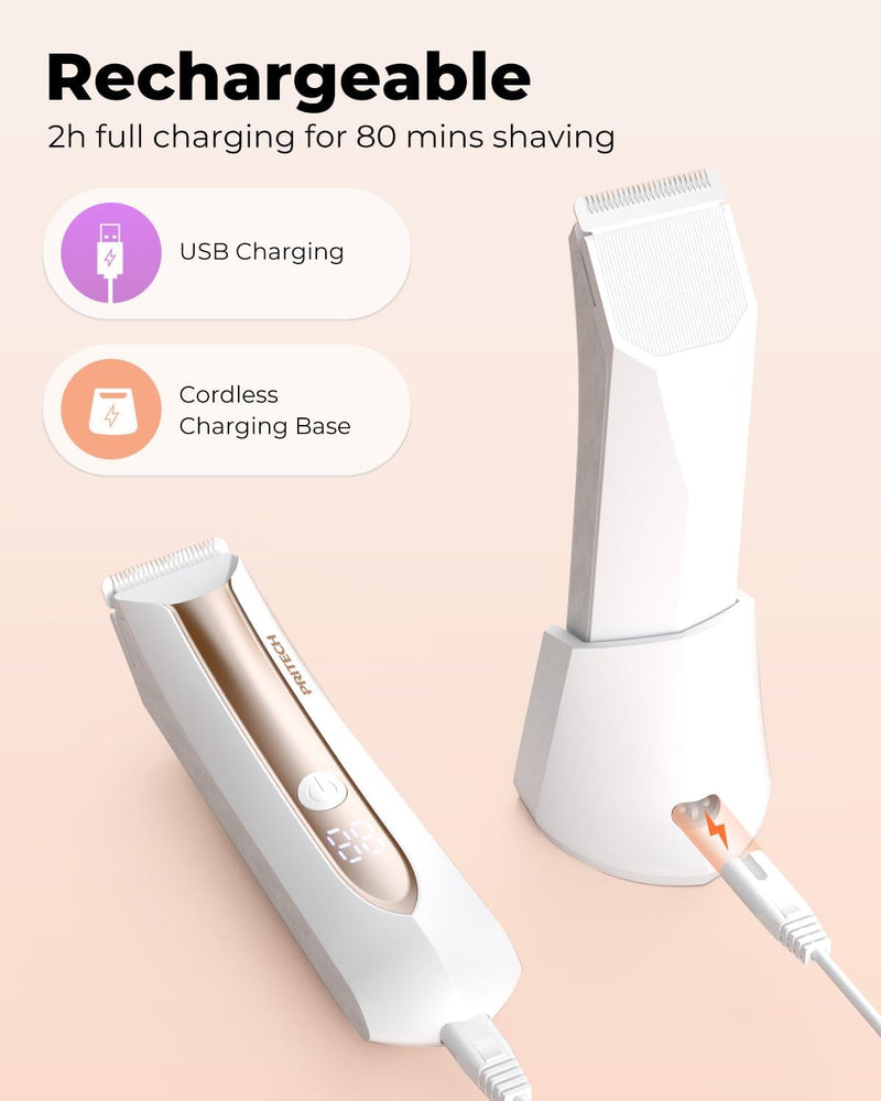PRITECH Body Hair Trimmer for Men Pubic Hair Trimmer - Wet/Dry Ball Trimmer with Ceramic Blade, Rechargeable Body Groomer for Men with Standing Recharge Dock