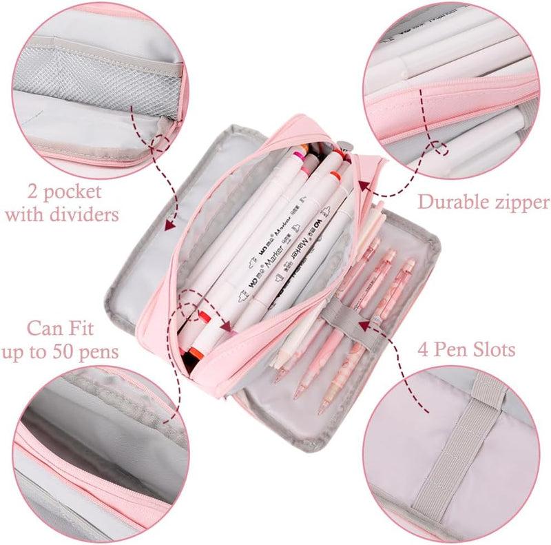 Pink Pencil Case, Large Capacity Pencil Pouch,Pencil Bag with 3 Compartments,Pen Organizer Oxford Storage for Men Women Adults Travel Business Office
