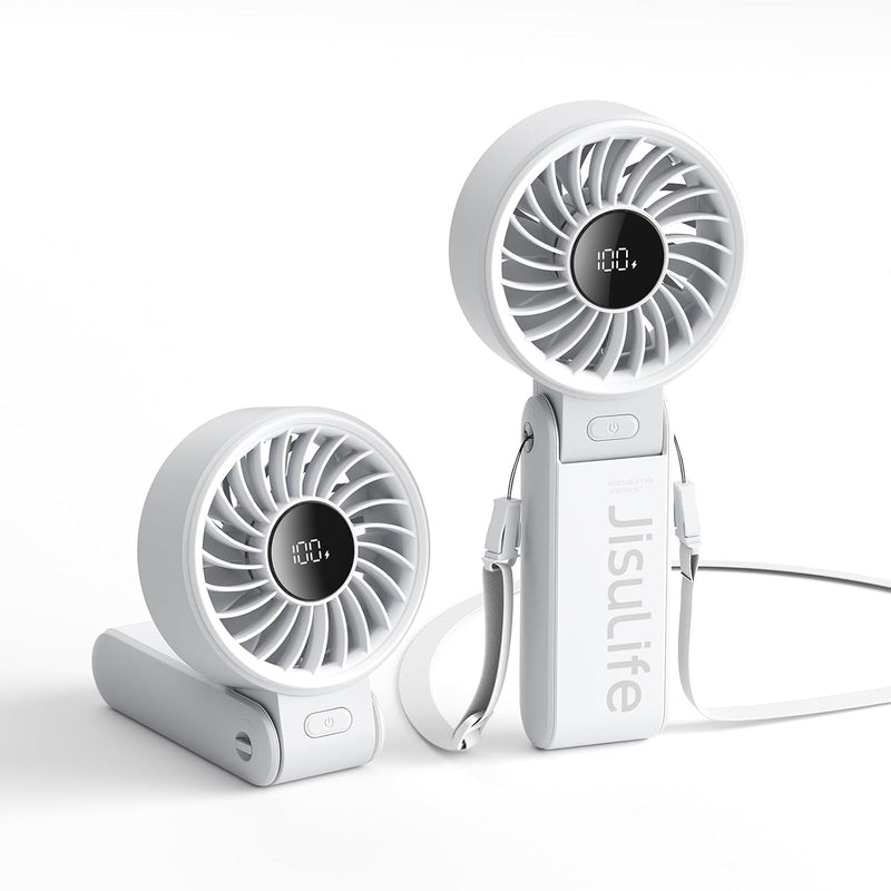 JISULIFE Handheld Fan Life7,2024 Powerful Portable Fan with LED Display,3600mAh,150°Folded,5 Speeds,Lanyard[13Hrs Max Cooling]3-IN-1 Hand/Desk/Neck Fan,Summer Essentials for Travel,Concert,Lash(Grey)
