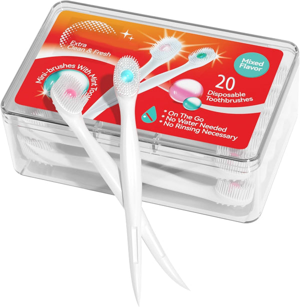20Pcs Mini Disposable Toothbrushes with Toothpaste and Toothpick, Tongue Cleaners, Reduce Bad Breath, Tongue Scraper, Prepasted Toothbrush, Pick for Work or Travel (Peach Flavor)