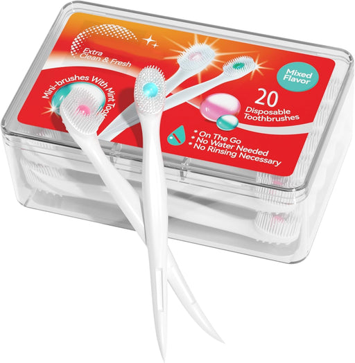 20Pcs Mini Disposable Toothbrushes with Toothpaste and Toothpick, Tongue Cleaners, Reduce Bad Breath, Tongue Scraper, Prepasted Toothbrush, Pick for Work or Travel (Peach Flavor)