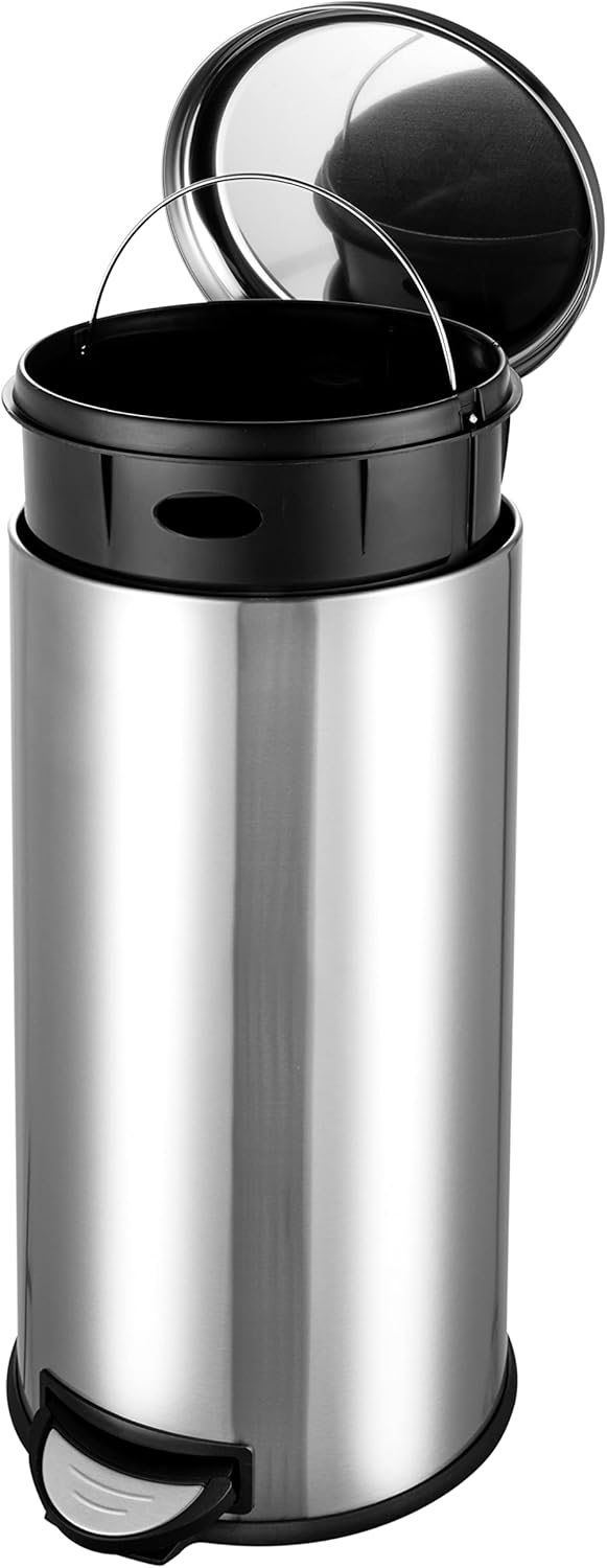Amazon Basics round pedal trash bin, Stainless Steel, 30L - 30L Single