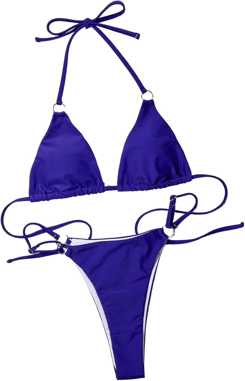 GORGLITTER Women's 2 Piece Ring Linked Tie Back Swimwear Halter Triangle Bikini Swimsuit