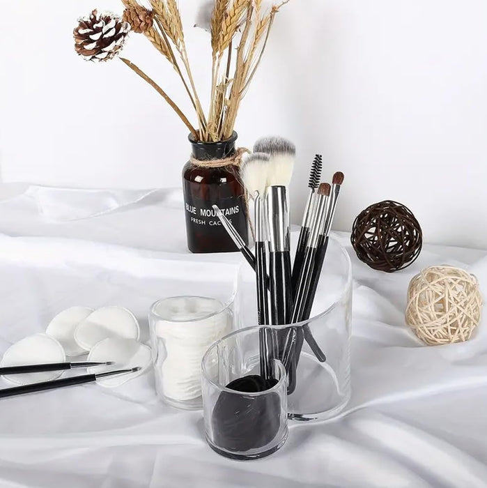 AMERTEER Makeup Brush Holder, Makeup Brush Organizer, Acrylic Makeup Organizers,3 Slots Makeup Organizer Pot, Circular Clear Acrylic Make Up Brush Organization Vanity Bathroom Bedroom Office Table Top