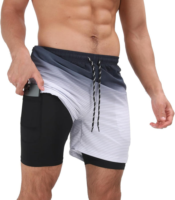 Mens Swim Trunks with Compression Liner 2 in 1 Quick Dry Beach Swimming Trunks Swim Shorts with Zipper Pockets