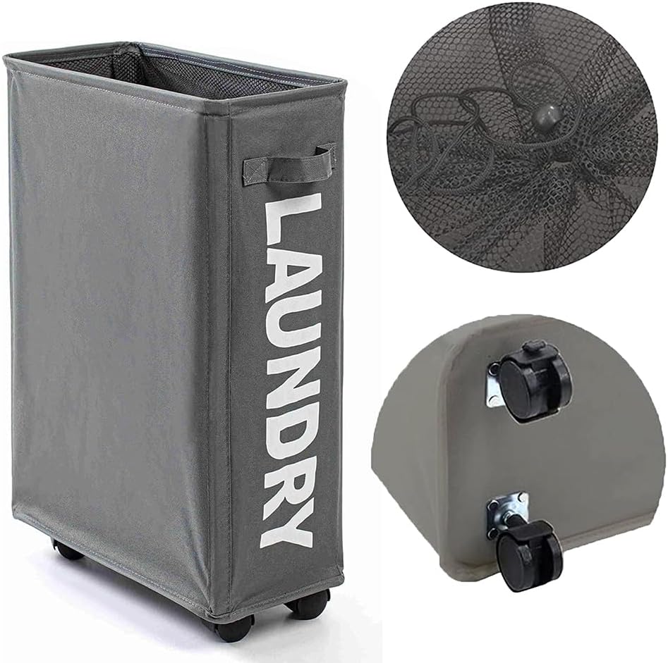 AMERTEER 22" Rolling Laundry Basket on Wheels Foldable Laundry Hamper with Handle Collapsible Slim Laundry Sorter & Organizer for Clothes, Toys & Towels Portable Storage Bin (Grey) – image 1