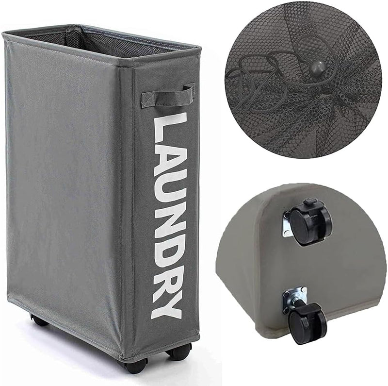 AMERTEER 22" Rolling Laundry Basket on Wheels Foldable Laundry Hamper with Handle Collapsible Slim Laundry Sorter & Organizer for Clothes, Toys & Towels Portable Storage Bin (Grey) - Dark Grey