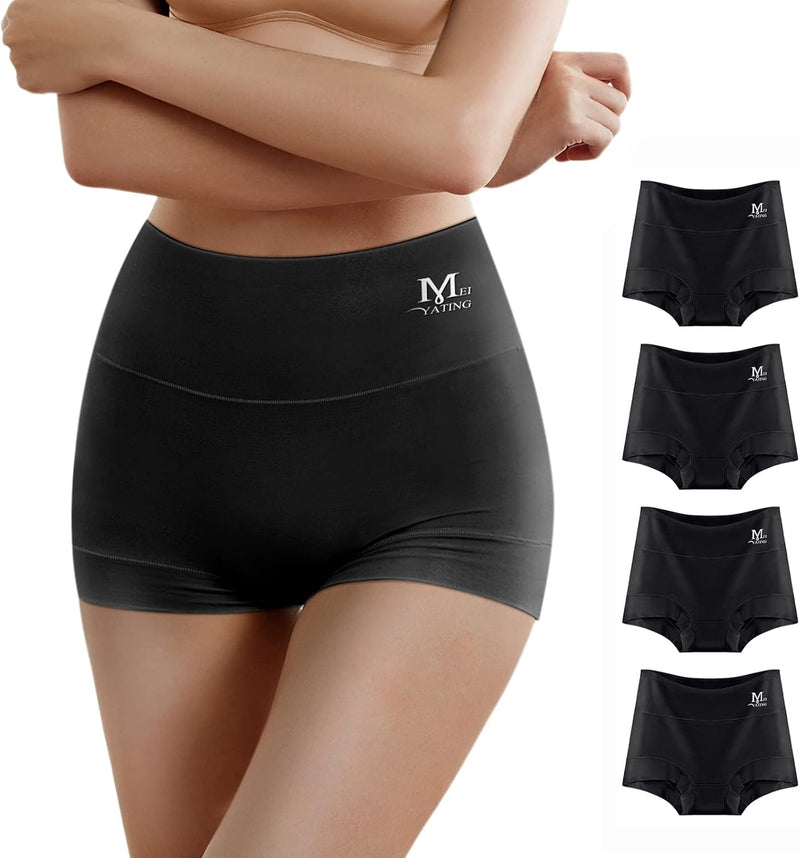 Women's Underwear Boy Shorts Boxer Cotton Stretch Briefs Panties High Waisted Soft Plus Size 4 Pack - Black-4 Pack