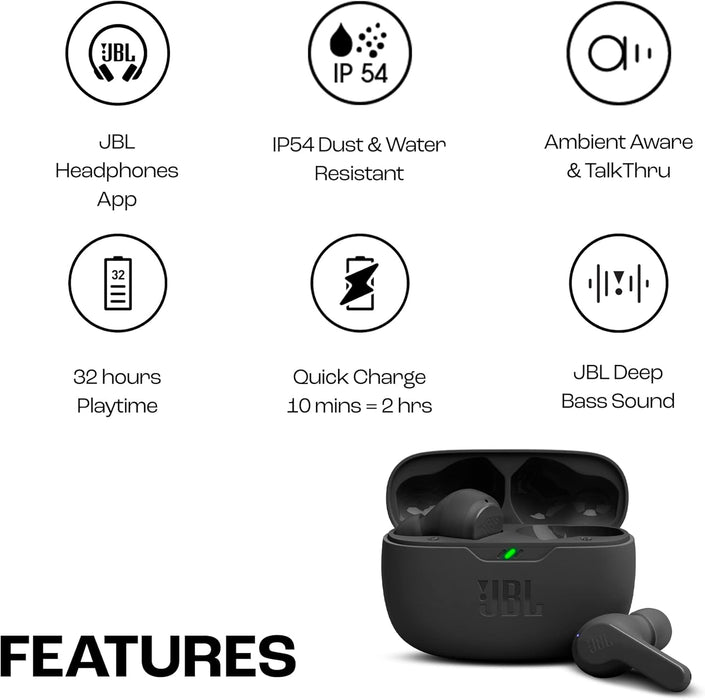 JBL Wave Beam 2 Adaptive Noise Cancelling with Smart Ambient True Wireless Earbuds, Deep Bass, Comfort Fit, 40H Battery, Hands-Free + VoiceAware, Water and Dust Resistant - Black, JBLWBEAM2BLK