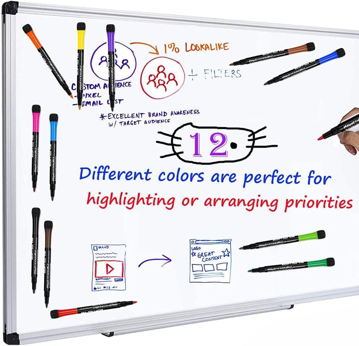 NALACAL Whiteboard Markers, Dry Wipe Pens, White Board Markers Erasable White Board Pens Colour, Magnetic Whiteboard Pens with Eraser, Thin Dry Erase Marker Fine Point, Teacher Supplies(12 Pack)