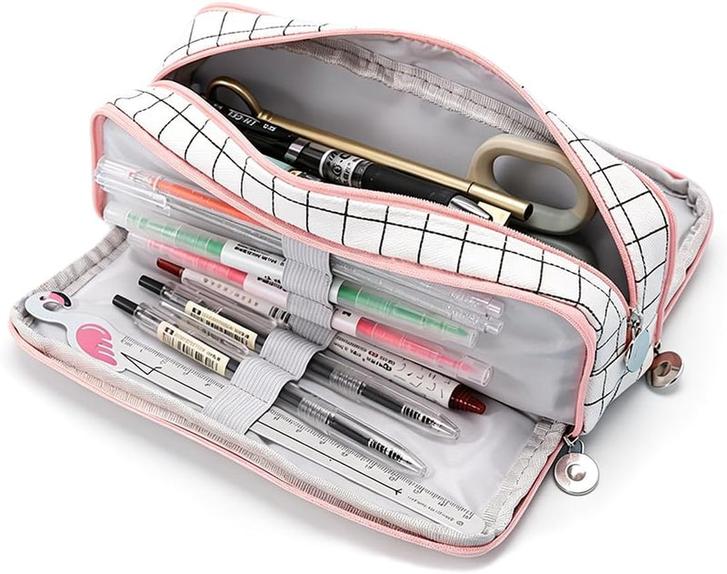 Pencil Case, Large Capacity Aesthetic Pencil Pouch with Durable Zipper, Marker Pen Case for Women & Men, Adults Portable Storage Organizer Bag for College, Office, Travel (Blue) - Pink 002