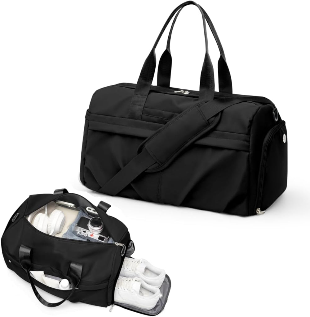 Gym Bag for Women Men with Shoe Compartment, Sport Duffel Bag, Waterproof Travel Weekender Overnight Carry on Bag for Yoga with Trolley Sleeve, Black, A-Black, Shoe Compartment