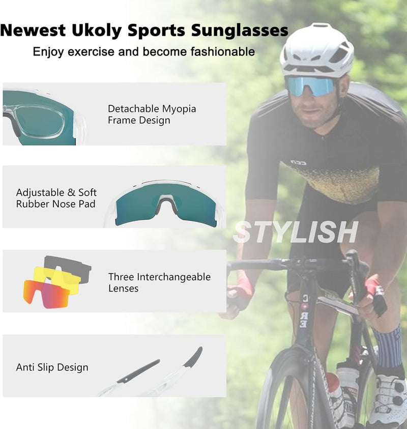 Ukoly Cycling Sunglasses for Men Women with 3 Interchangeable Lenses, Polarized Sports Sunglasses, Baseball Sunglasses