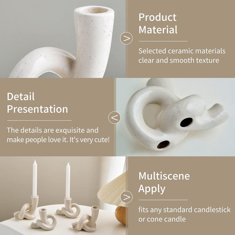 DERANQIIUA Christmas Candle Holder, 2 Pcs Pretty Ceramic Candle Holder, Modern Abstract Art Candlestick Holder Set, Table Centerpiece Taper Candle Holders Decorations Home Decor (White)