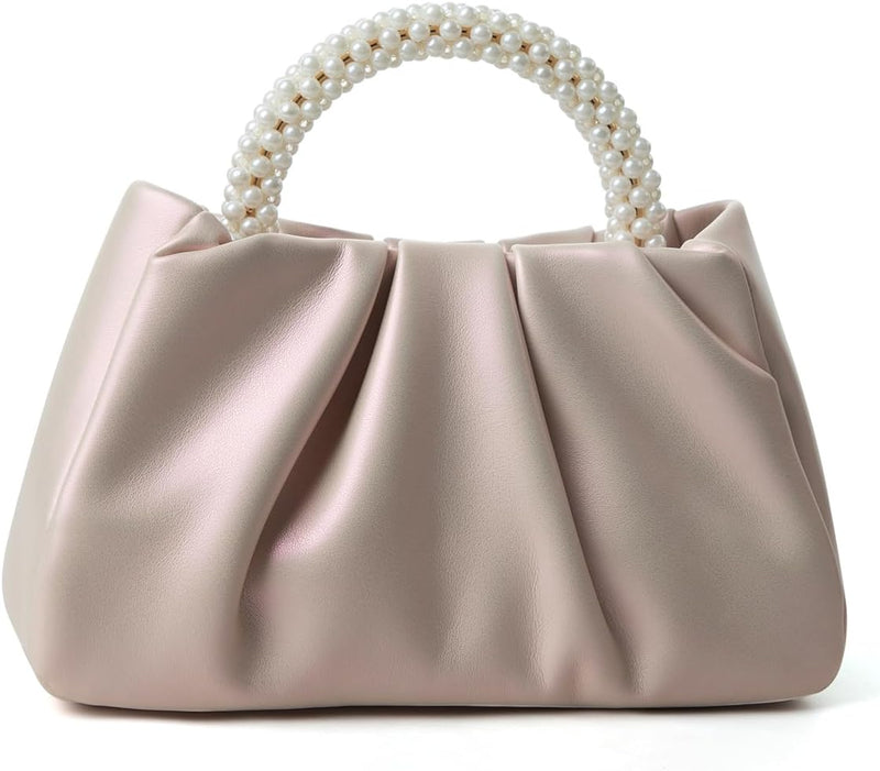 Evening Purse Women Small Pearl Handbags Soft Leather Ruched Bag Wedding Bridal Clutch Party Prom Crossbody Purses - Pink