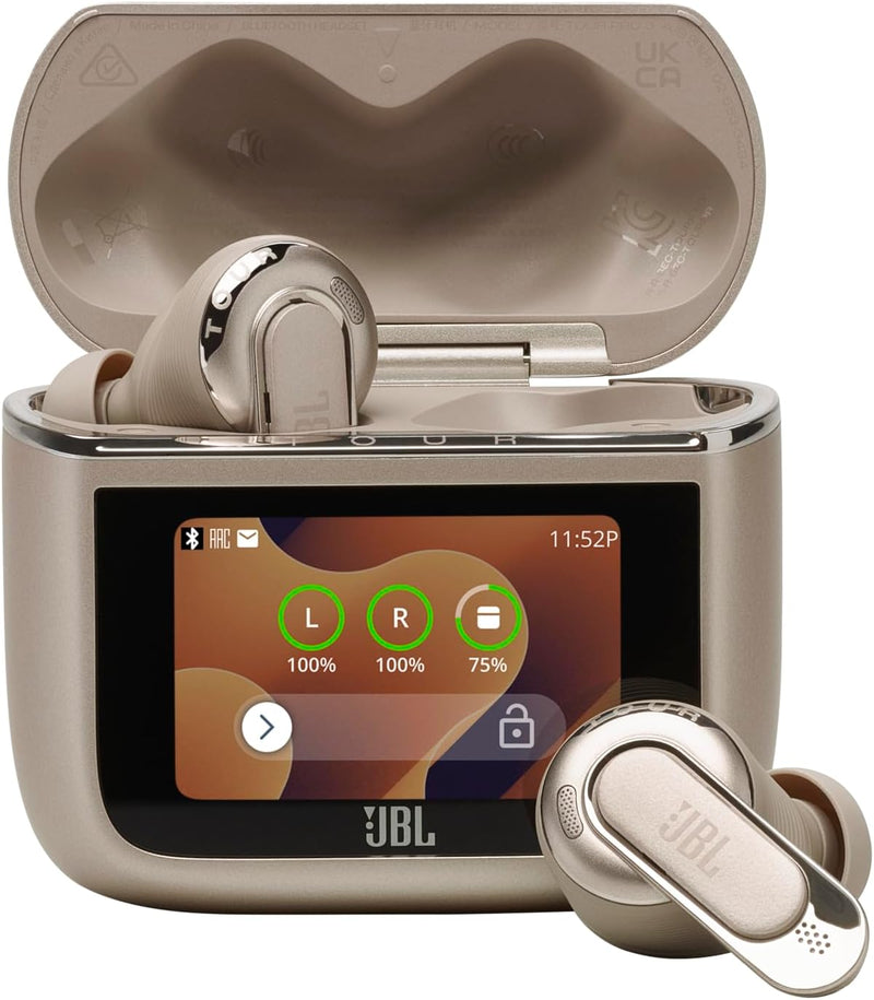 JBL Tour Pro 3, True Wireless Earbuds with Bluetooth, Built-in Battery and 40h Playback, Charging Case, Noise Cancelling and JBL Spatial 360 with Head Tracking, Beige