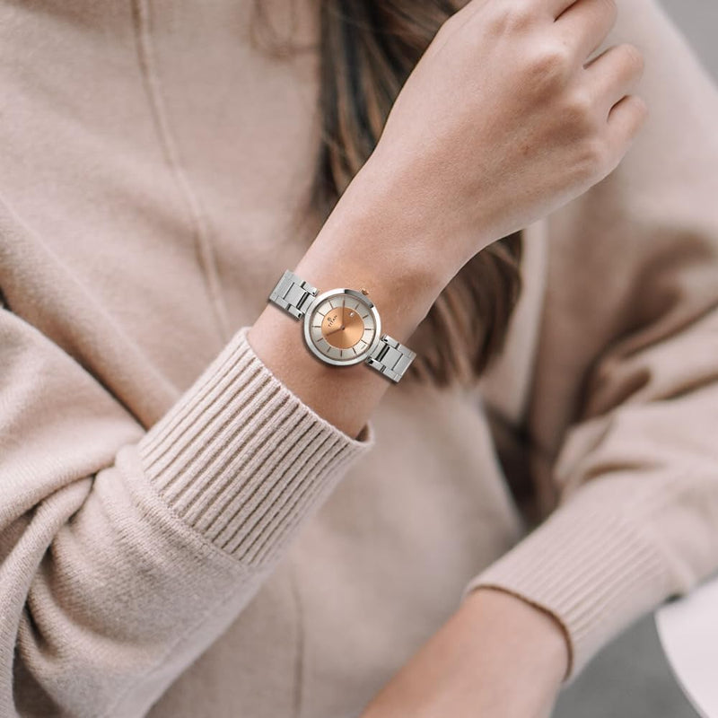 Neo Rosegold Dial, Silver Metal Strap Analog Round Watch for Women's