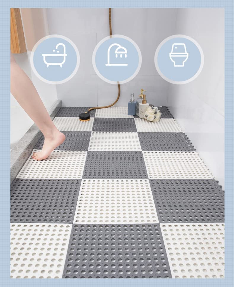 COCLUX 12 Pack Interlocking Non Slip Drainage Floor Tiles, 11.8 X 11.8 Inch Soft PVC Bath Shower Floor Mat with Suctions Cups, Drainage Holes for Bathroom, Kitchen, Pool, Wet Areas