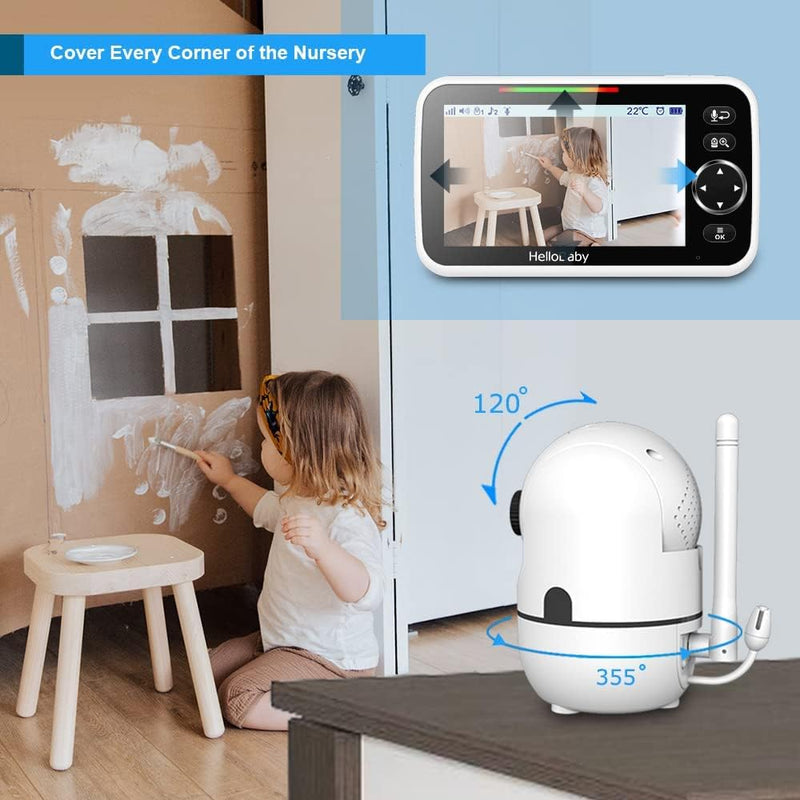 HelloBaby Upgrade Monitor, 5''Sreen with 30-Hour Battery, Pan-Tilt-Zoom Video Baby Monitor with Camera and Audio, Night Vision, VOX, 2-Way Talk, 8 Lullabies and 1000ft Range No WiFi, Ideal Gifts