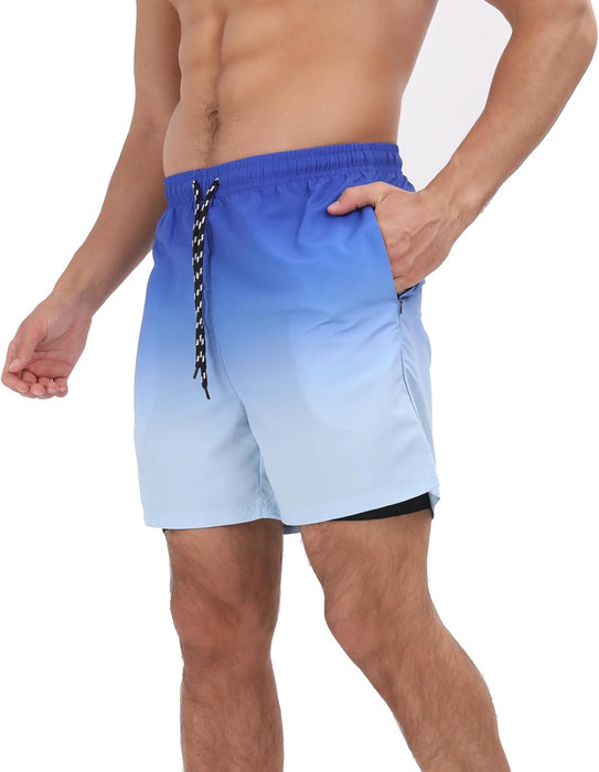 Mens Swim Trunks with Compression Liner 2 in 1 Quick Dry Beach Swimming Trunks Swim Shorts with Zipper Pockets