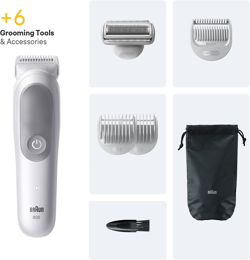 Braun Body Groomer Series 5, +7 Grooming Tools, with SkinGuard, 100 Min Runtime, Gentle On Sensitive Areas, Trim & Shave Hair with SmoothShave & SensitiveTrim, Waterproof, BG5550, Grey