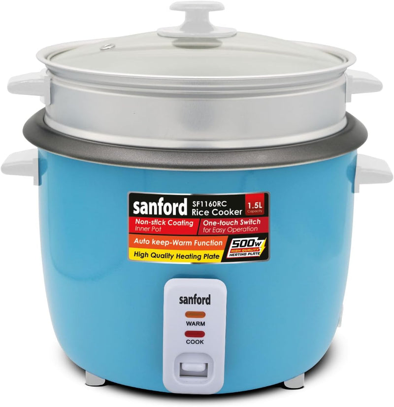 Sanford 1.5L Automatic Rice Cooker with Steamer & Keep Warm | 500W Power | Non-Stick Pot| (GREEN)