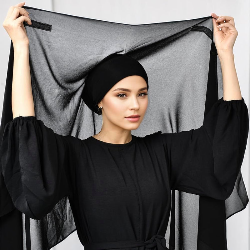 2Pcs Women Instant Chiffon Hijab with Built-in-Magnet and Sewn Undercap Head Wrap Under Scarf Caps