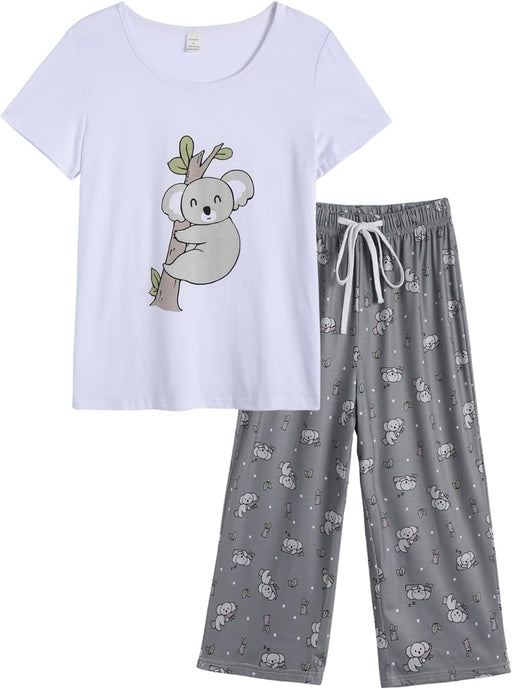 Women's Short Sleeve Tops and Capri Pants Cute Cartoon Print Pajama Sets - Koala