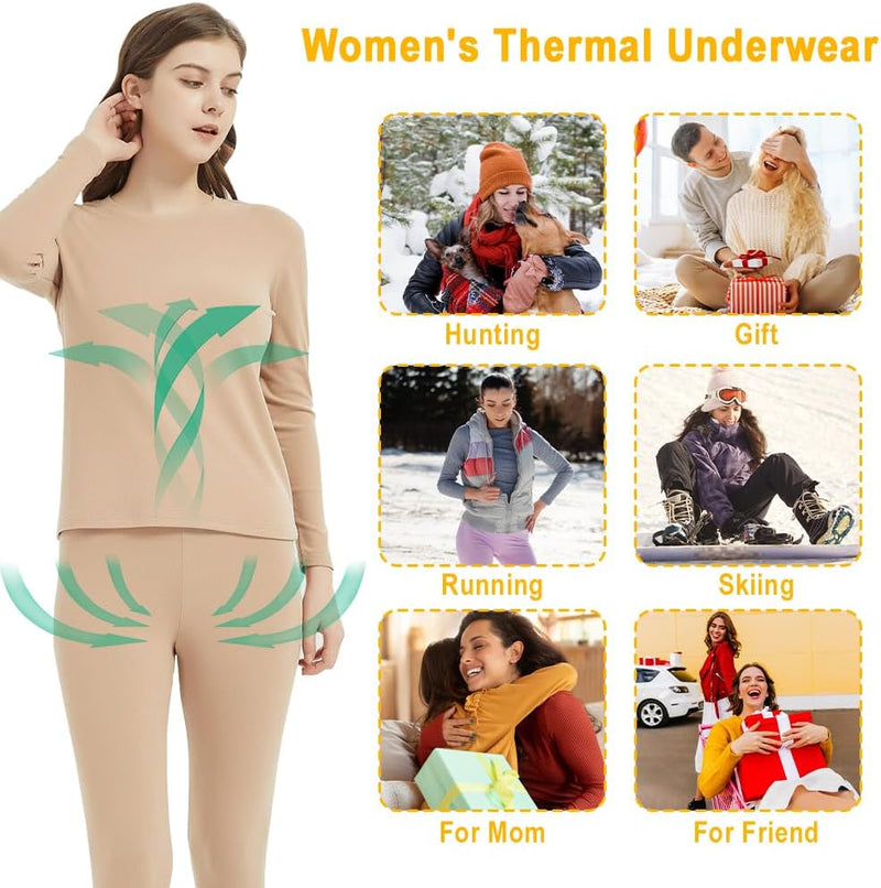 Women Thermal Underwear Set,Ladies' Tops and Pants,Thickened with Velvet,Round Neck Thermal Underwear,Soft and Skin Friendly,Suitable For Daily Wear and Outdoor Sports Matching
