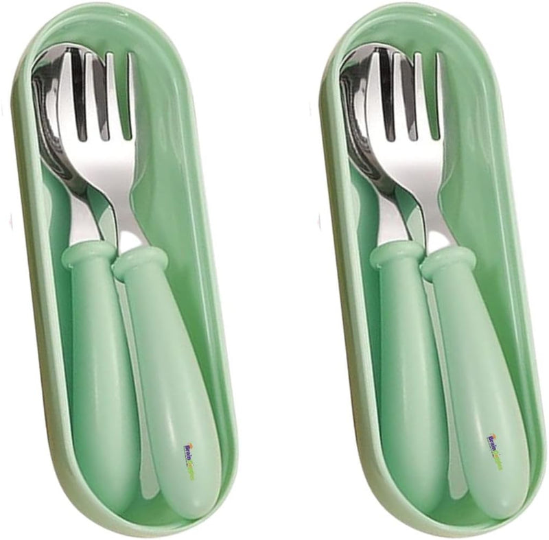 Kids Cutlery Set with Case, Stainless Steel Spoon & Fork for Children, Round Edge BPA Free Tableware for School Lunch Box, Picnic, Travel (Pack of 1, Blue) - Green 2