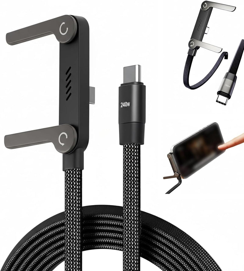 2 in 1 Invisible Stand Charger Cable, 240W Fast Charging Cable for Built-in Phone, 1m Braided Type C Cable with Foldable Stand for Smartphones/Tablets