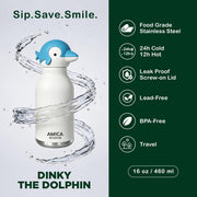Kids Water Bottle 460ml Insulated Stainless Steel - AMICA STUDIO (Dinky Dolphin)