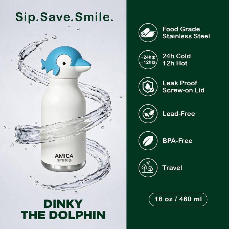 Kids Water Bottle 460ml Insulated Stainless Steel - AMICA STUDIO (Dinky Dolphin)