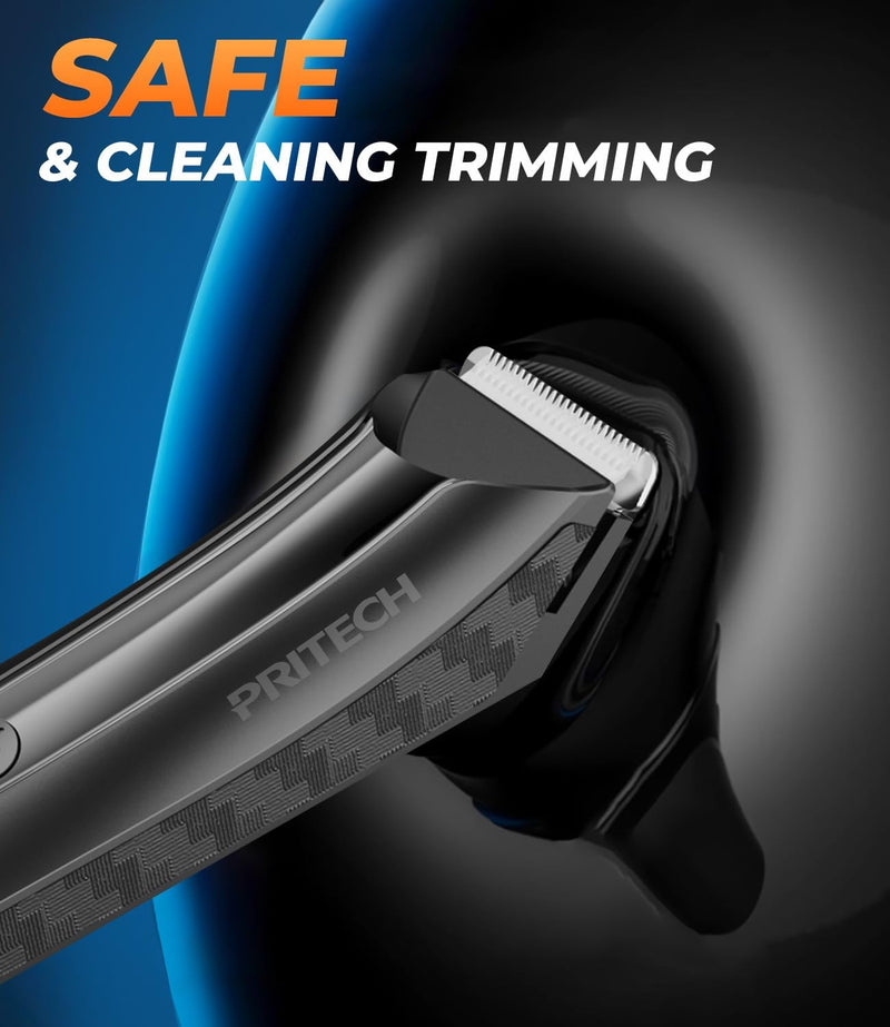 PRITECH Body Hair Trimmer for Men Pubic Hair Trimmer - Wet/Dry Ball Trimmer with Ceramic Blade, Rechargeable Body Groomer for Men with Standing Recharge Dock