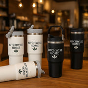 Kitchwise Home 30oz Flip Straw Tumbler with Handle Insulated Stainless Steel Coffee Mug Leak-Proof Insulated Travel Mug for Gym Sports Outdoors Comfort-Grip Handle- BPA free (Black)