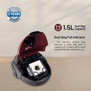 Geepas GVC2594 Vacuum Cleaner with Dust Bag, 2200W - 1.5L - Powerful Suction - Dust Full Indicator Flexible Hose with Airflow on Handle Pedal Switch and Auto-Rewinding Wire 2 Years Warranty