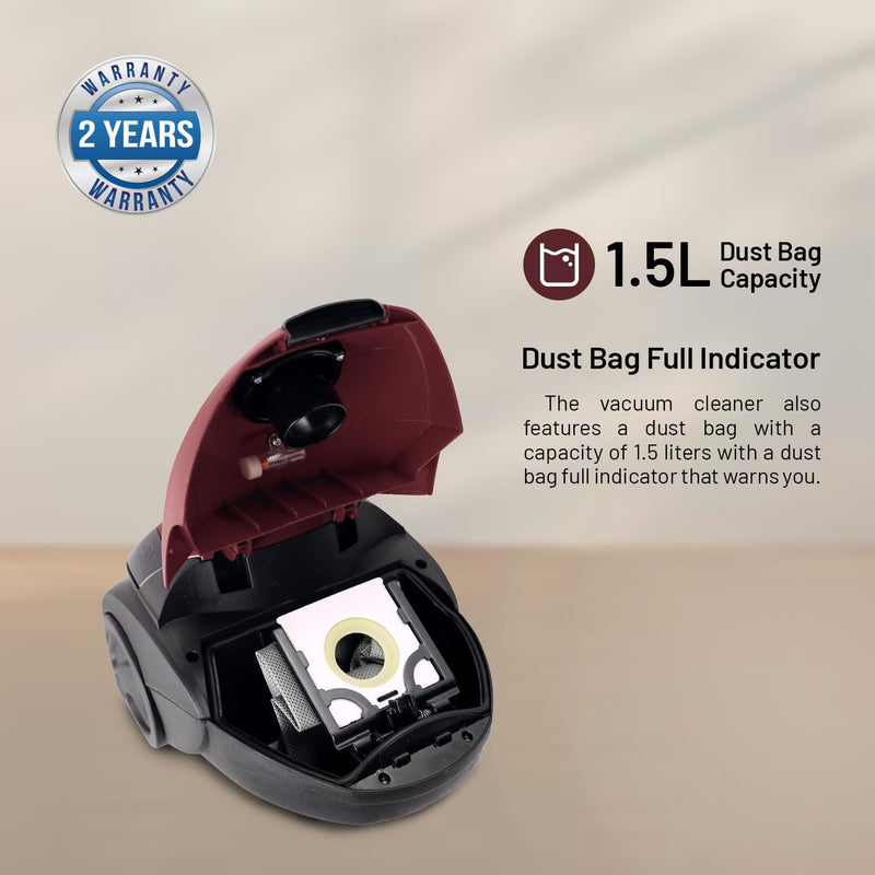 Geepas GVC2594 Vacuum Cleaner with Dust Bag, 2200W - 1.5L - Powerful Suction - Dust Full Indicator Flexible Hose with Airflow on Handle Pedal Switch and Auto-Rewinding Wire 2 Years Warranty