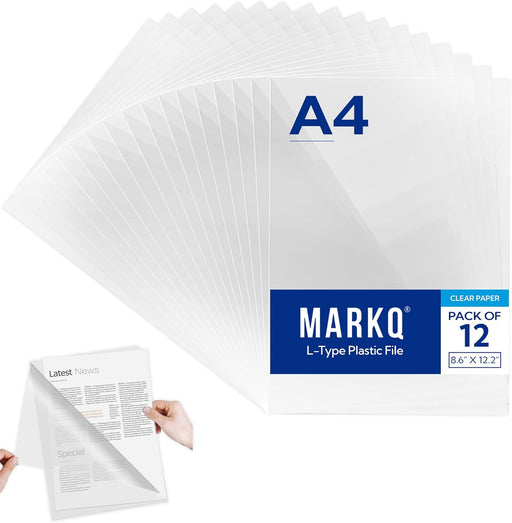 MARKQ Clear File, A4 Plastic Transparent Folders L-Type For Documents, Paper Storage School, Office Supplies (Pack of 12) - 12