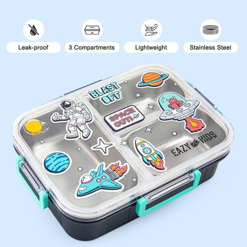 Eazy Kids 3 Compartment Stainless Steel bento Lunch Box - Space out 800ml - Blue