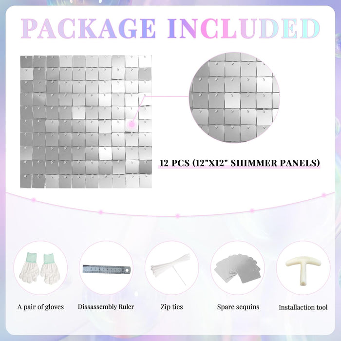 Kate Shimmer Wall Backdrop Sliver Wall Panels 12Pcs Square Sequin Shimmer Wall Backdrop Decoration for Birthday Party,Wedding, Anniversary