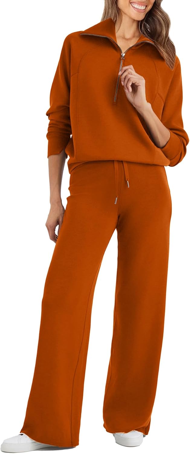 Womens 2 Piece Outfits Sweatsuit Set Oversized Half Zip Sweatshirt Wide Leg Sweatpants Lounge Set Tracksuit - Orange