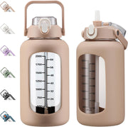 64oz Glass Water Bottles with Straw, Half Gallon Motivational Glass Bottle with Silicone Sleeve and Time Marker, 2L Leakproof Large Glass Water Jug for Gym Home Office,Black - 84 Ounces Amber